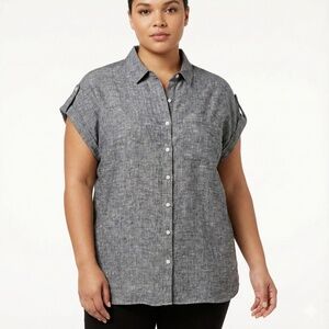 LORD & TAYLOR 100% Linen Grey Chambray Button Down Sleeveless Shirt US Sz L